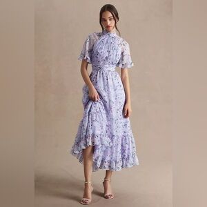 MAC DUGGAL 
Ruffled High-Neck Raglan-Sleeve Printed Chiffon Dress